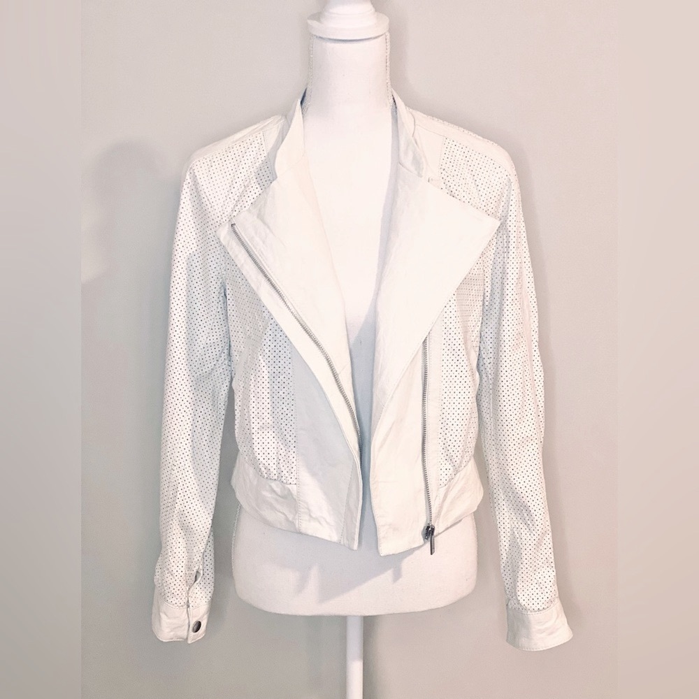 Bebe Genuine Leather Asymmetrical Zip Cropped Y2K Baddie Moto Jacket White Small